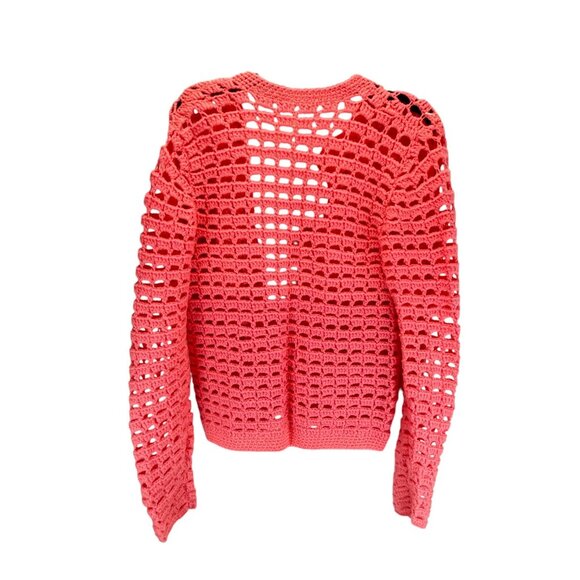 Handmade Coral Pink Open Knit Crochet Cardigan Sweater Long Sleeve Womens Medium - Picture 3 of 7
